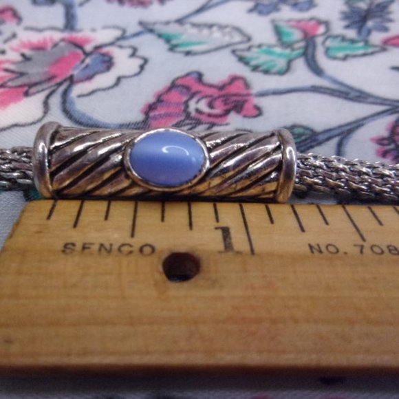 Blue Cabochon Silver Mesh Chain Bracelet 7.5" L - Picture 7 of 7